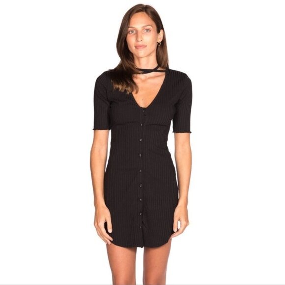 Revolve Privacy Please Prentiss Mini Dress Bodycon Rib Knit Tie detail Black XS - Picture 3 of 14